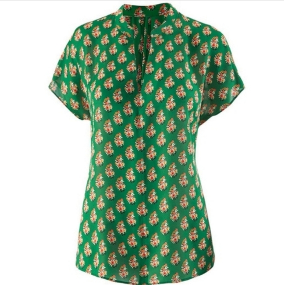 CAbi Stevie Floral Blouse #3252 Short Sleeve V-Neck High-Low Hem Green size M - Picture 12 of 13
